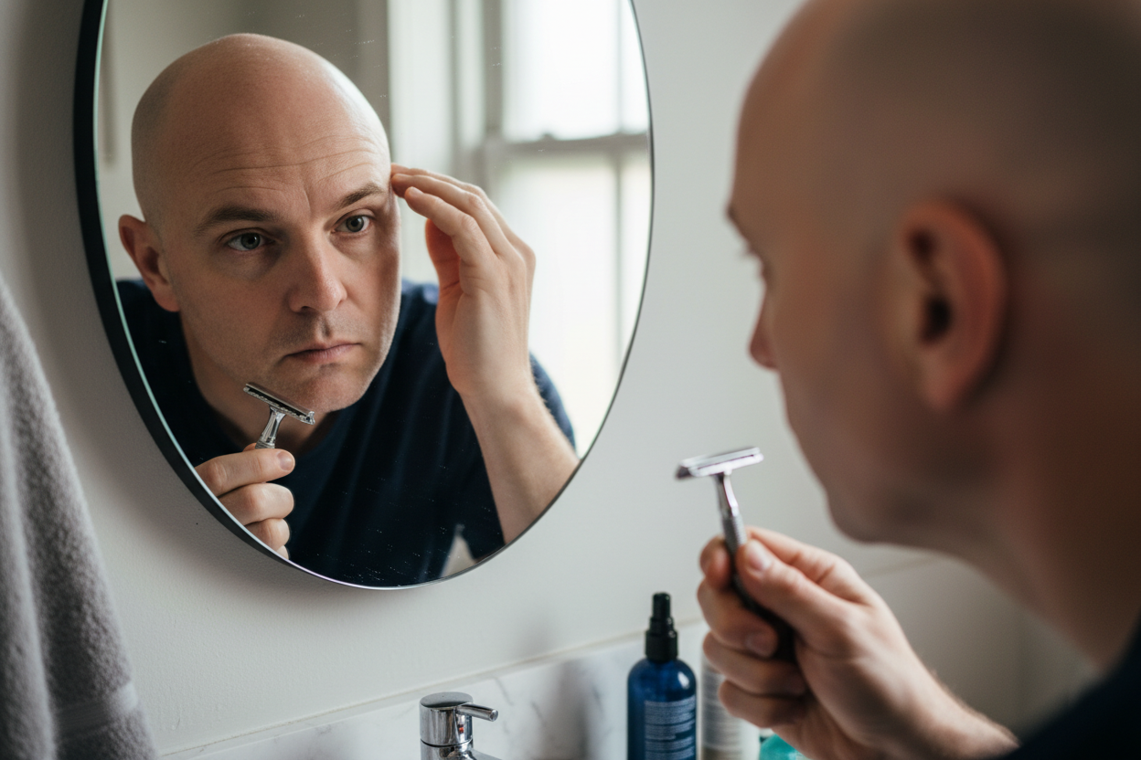 a bald guy examining his scalp before shaving