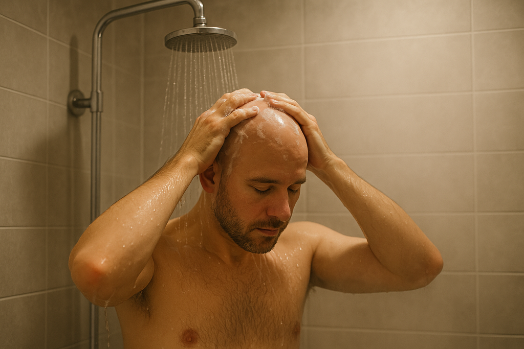 bald man washing head in the shower
